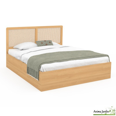 Lit coffre 160x200 cm avec sommier - cannage & effet bois - Eve