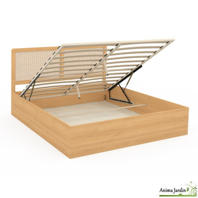 Lit coffre 160x200 cm avec sommier - cannage & effet bois - Eve