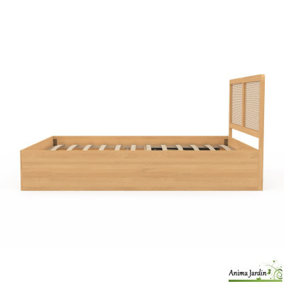 Lit coffre 160x200 cm avec sommier - cannage & effet bois - Eve