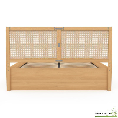 Lit coffre 160x200 cm avec sommier - cannage & effet bois - Eve