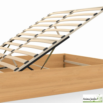 Lit coffre 160x200 cm avec sommier - cannage & effet bois - Eve