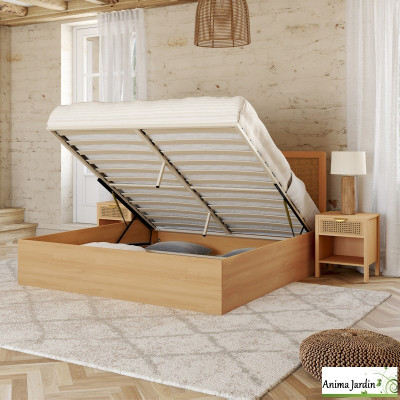 Lit coffre 160x200 cm avec sommier - cannage & effet bois - Eve