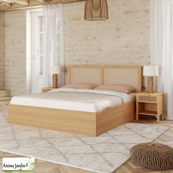Lit coffre 160x200 cm avec sommier - Cannage & effet bois - Eve