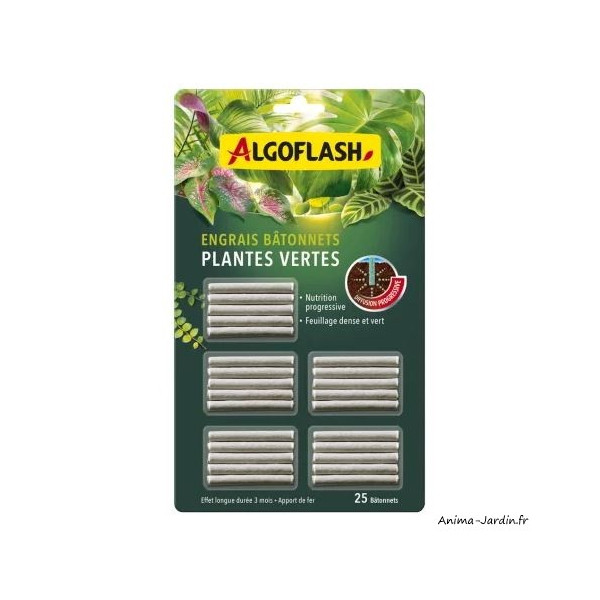 Bâtonnets engrais plantes vertes, Algoflash, 25 bâtonnets
