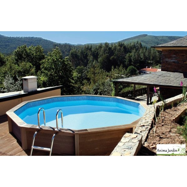 Piscine KIT décagonale Ø.4,55 Prof. 1,28m - Béton aspect bois - Naturalis