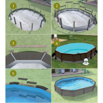 Piscine KIT décagonale Ø.4,55 Prof. 1,28m - Béton aspect bois - Naturalis