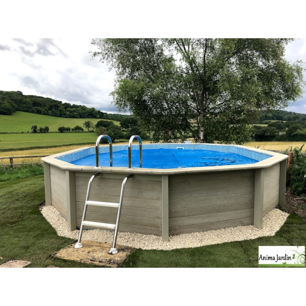 Piscine KIT décagonale 5,24x6,86 m - Prof. 1,28m - Béton aspect bois - Naturalis