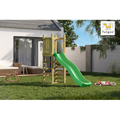 Aire de jeux en bois, Funny 3 Light - Tour, mur d'escalade et toboggan, Fungoo