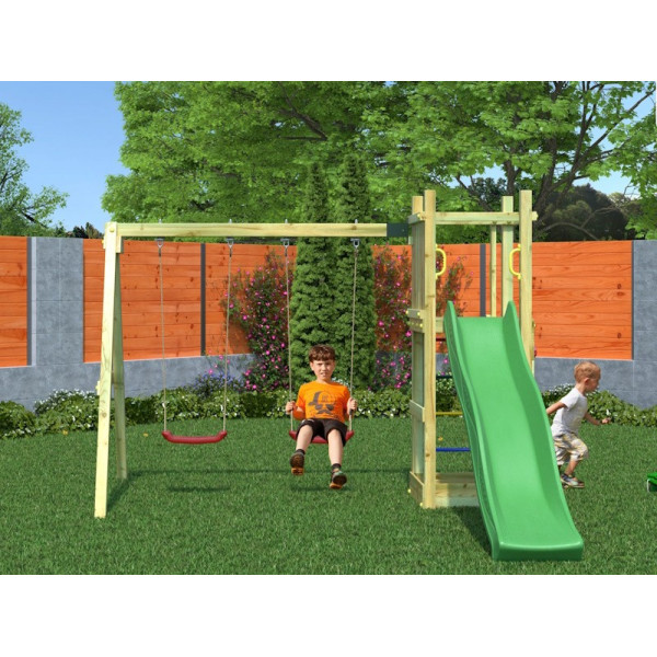 Portique en bois, Funny 3 - Balançoire double, Tour, bac à sable et toboggan, Fungoo
