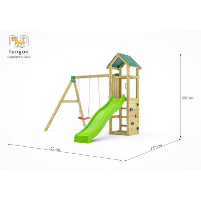 Portique en bois Charly - Balançoire double, Tour, bac à sable et toboggan, Fungoo
