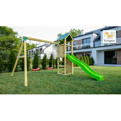 Portique en bois Charly - Balançoire double, Tour, bac à sable et toboggan, Fungoo