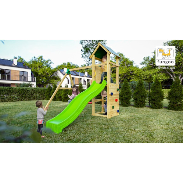 Portique en bois Charly - Balançoire double, Tour, bac à sable et toboggan, Fungoo