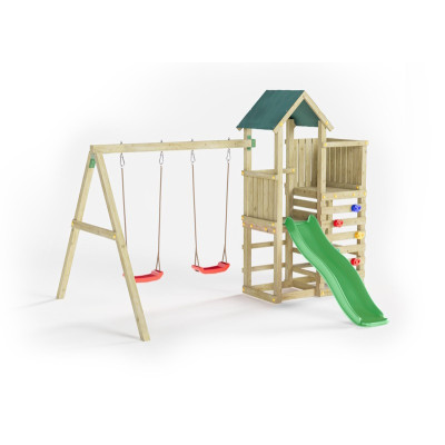 Portique en bois Chester - Balançoire double, Tour, mur, bac à sable et toboggan, Fungoo