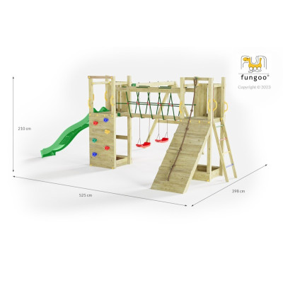 Portique en bois Maxi Exposure - Balançoire double, Tour, pont, bac à sable et toboggan, Fungoo