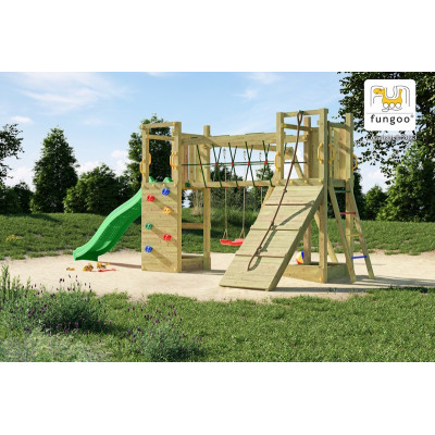 Portique en bois Maxi Exposure - Balançoire double, Tour, pont, bac à sable et toboggan, Fungoo