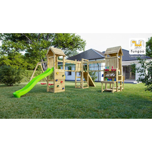 Aire de jeux en bois Optimizer - Balançoire double, Tour, pont, bac à sable et toboggan, Fungoo