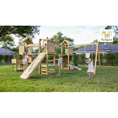 Aire de jeux en bois Optimizer - Balançoire double, Tour, pont, bac à sable et toboggan, Fungoo