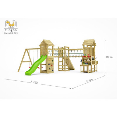 Aire de jeux en bois Optimizer - Balançoire double, Tour, pont, bac à sable et toboggan, Fungoo