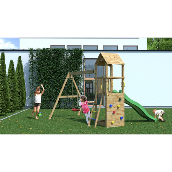 Aire de jeux en bois Flappi - Balançoire double, bac à sable et toboggan, Fungoo