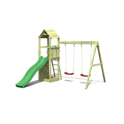 Aire de jeux en bois Flappi - Balançoire double, bac à sable et toboggan, Fungoo