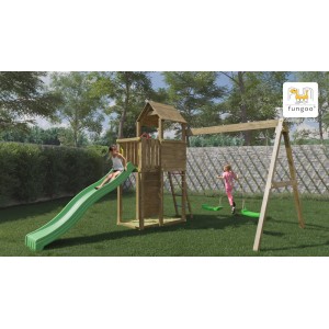 Aire de jeux en bois Boomer3 - Balançoire double, bac à sable et toboggan, Fungoo