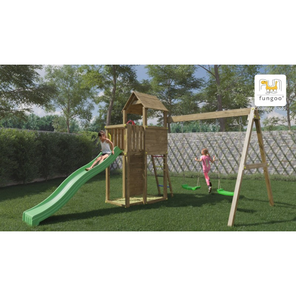 Aire de jeux en bois Boomer3 - Balançoire double, bac à sable et toboggan, Fungoo