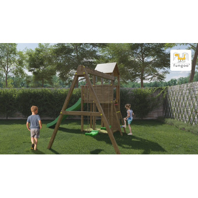Aire de jeux en bois Boomer3 - Balançoire double, bac à sable et toboggan, Fungoo