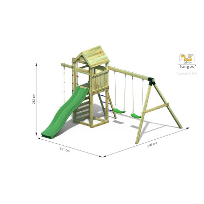 Aire de jeux en bois Gaia - Balançoire double, corde, bac à sable et toboggan, Fungoo