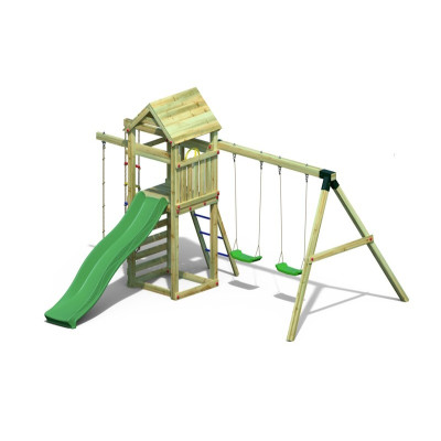 Aire de jeux en bois Gaia - Balançoire double, corde, bac à sable et toboggan, Fungoo