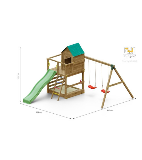 Aire de jeux en bois Jarcas - Balançoire double, maison, bac à sable et toboggan, Fungoo