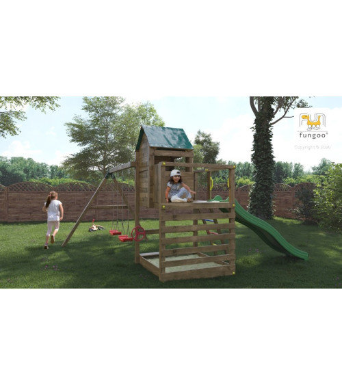 Aire de jeux en bois Jarcas - Balançoire double, maison, bac à sable et toboggan, Fungoo