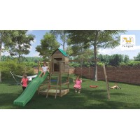 Aire de jeux en bois Jarcas - Balançoire double, maison, bac à sable et toboggan, Fungoo