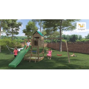 Aire de jeux en bois Jarcas - Balançoire double, maison, bac à sable et toboggan, Fungoo