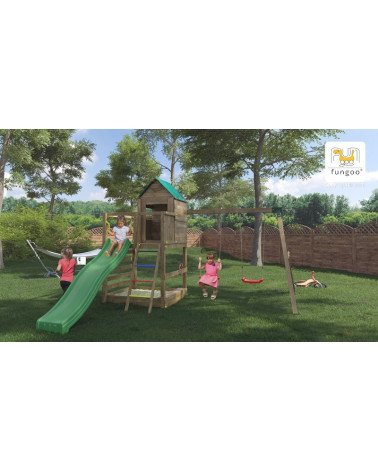 Aire de jeux en bois Jarcas - Balançoire double, maison, bac à sable et toboggan, Fungoo