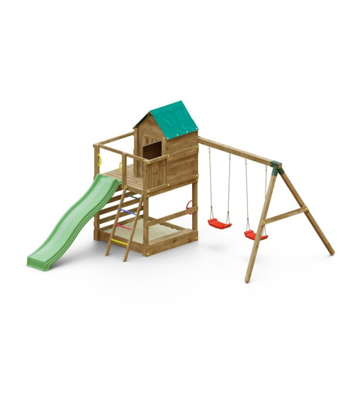 Aire de jeux en bois Jarcas - Balançoire double, maison, bac à sable et toboggan, Fungoo