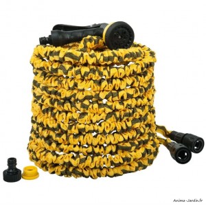 Tuyau extensible, 25 m, jaune et noir, avec pistolet 7 fonctions et raccords automatiques