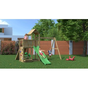 Aire de jeux en bois Floppi - Balançoire double, corde, table et toboggan, Fungoo