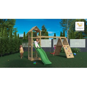 Aire de jeux en bois Fleppi - Balançoire double, corde, rampe et toboggan, Fungoo