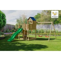 Aire de jeux en bois Treehouse - Balançoire double, maison, rampe et toboggan, Fungoo