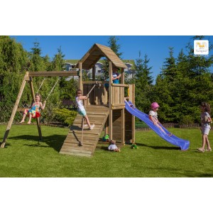Aire de jeux en bois Carol3 - Balançoire, tour, rampe, escalade et toboggan, Fungoo