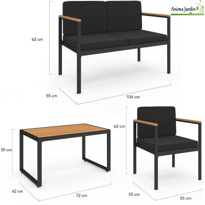 Salon de jardin en acier noir et bois 4 personnes - Pempa