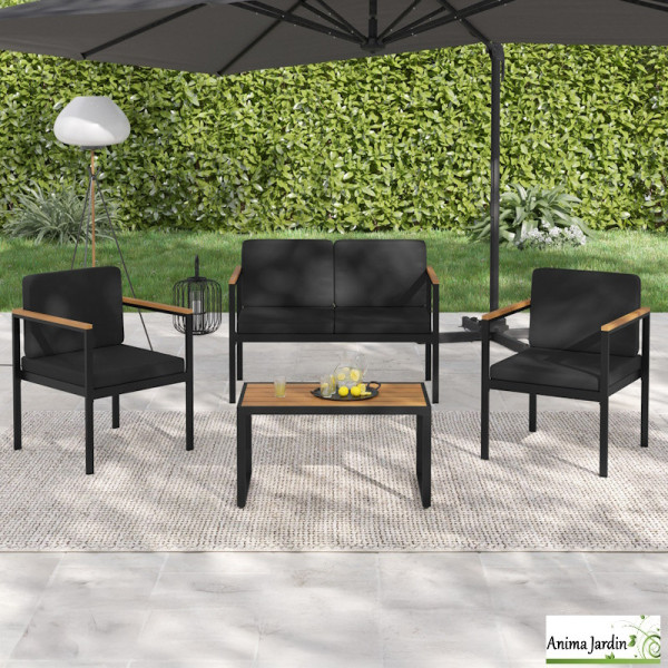 Salon de jardin en acier noir et bois 4 personnes - Pempa