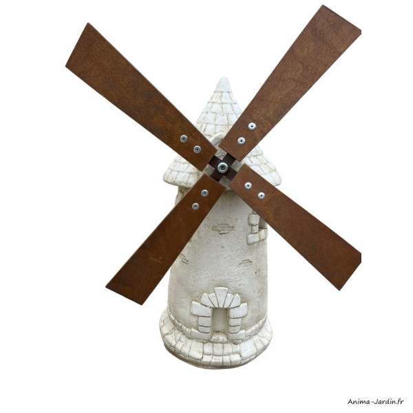 Moulin en pierre reconstituée, H.68 cm, avec ailes en bois