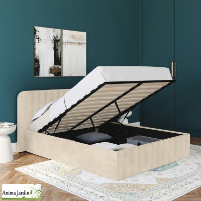 Lit coffre 160x200 cm avec sommier - Velours beige - Valentina