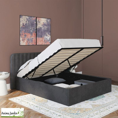 Lit coffre 140x190 cm avec sommier - Velours gris - Valentina