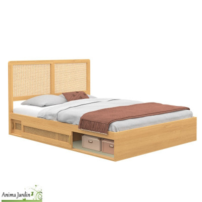 Lit 140x190 cm avec sommier et tiroir - Cannage - Eve