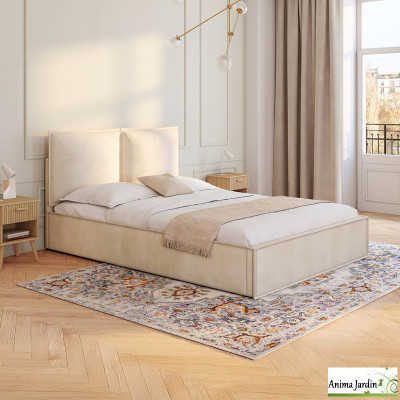 Lit coffre 140x190 cm avec sommier - Velours beige - Lilou