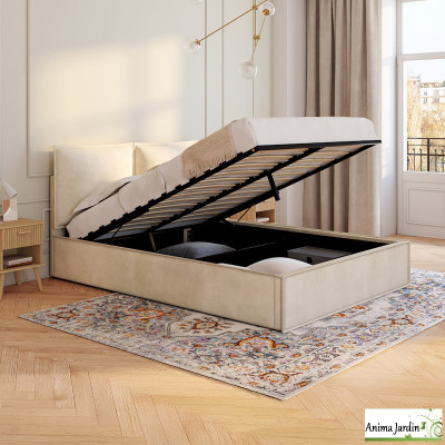 Lit coffre 140x190 cm avec sommier - Velours beige - Lilou