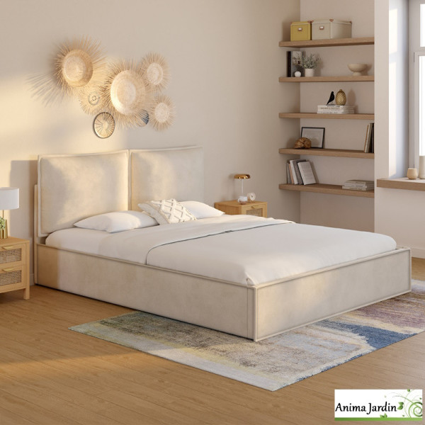 Lit coffre 160x200 cm avec sommier - Velours beige - Lilou