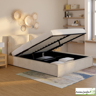 Lit coffre 160x200 cm avec sommier - Velours beige - Lilou